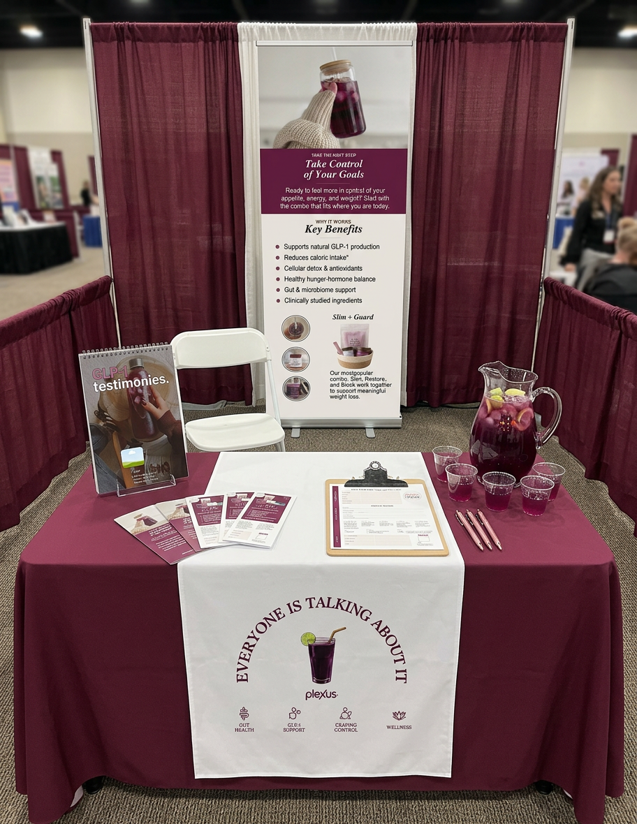Plexus vendor booth with retractable banners, table runner, and testimonial binder