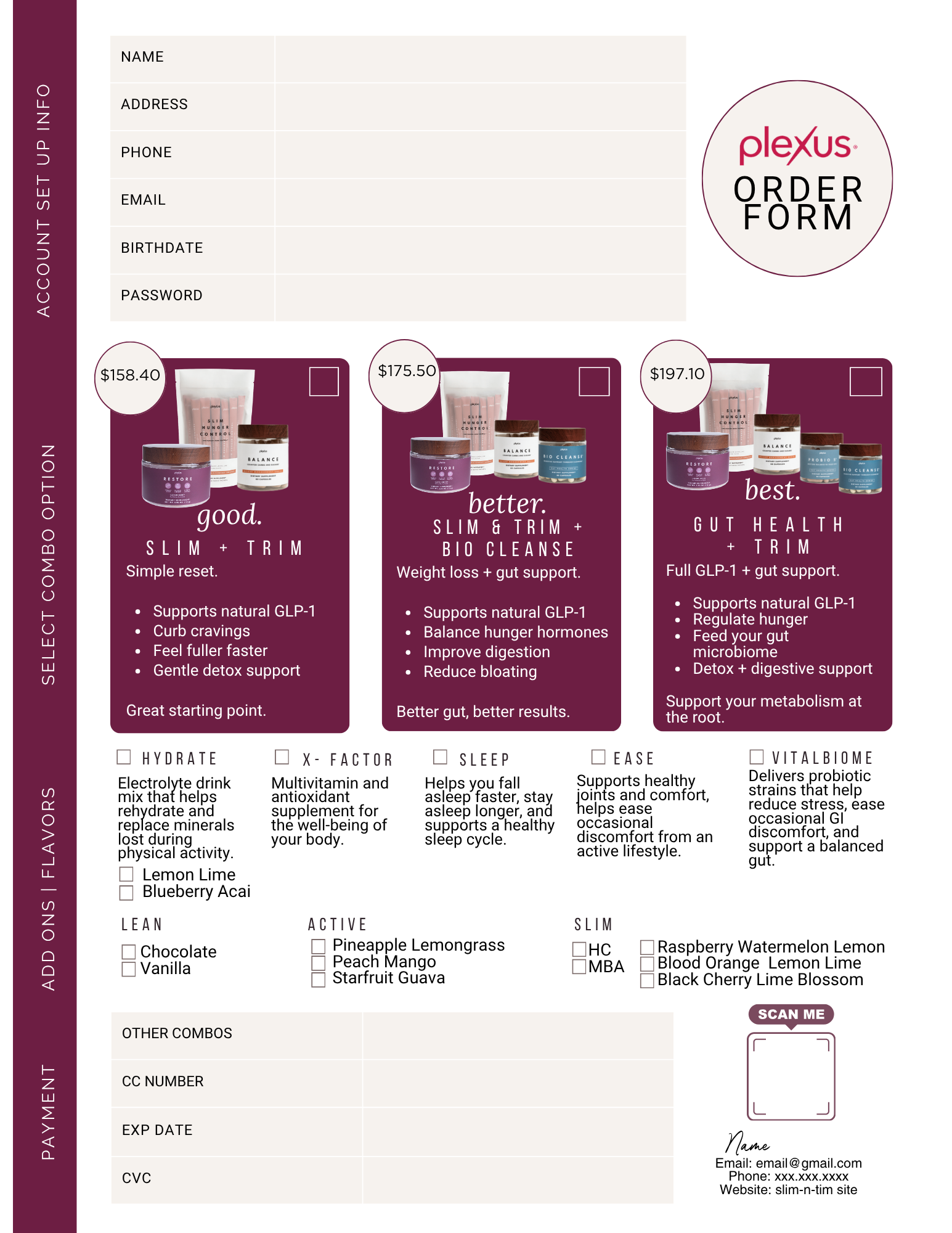 Plexus Order Form - combo selection, add-ons, payment